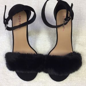 TORRID Black Faux-Fur Ankle Strap Heels